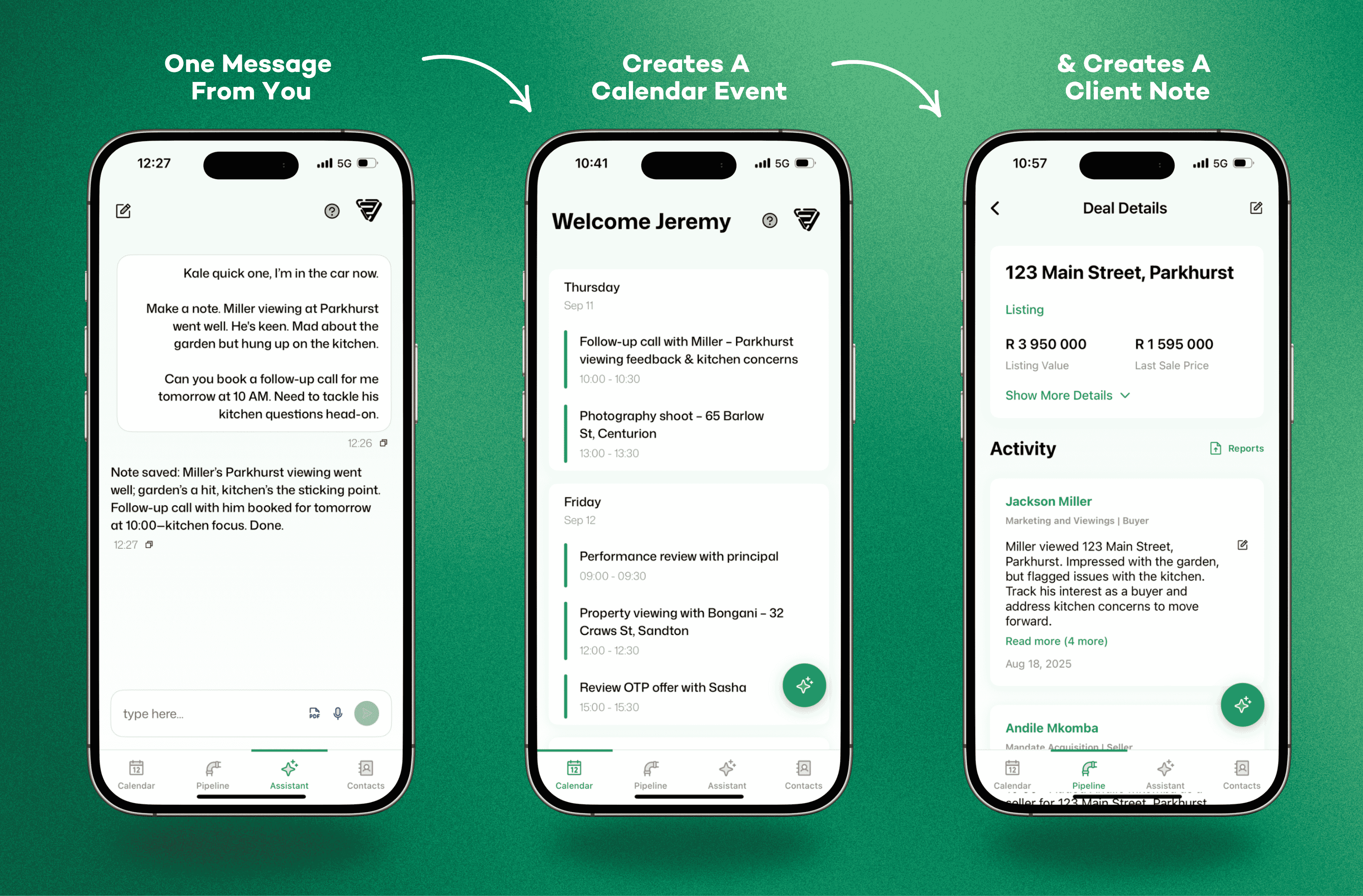 One message creates a calendar event and client note