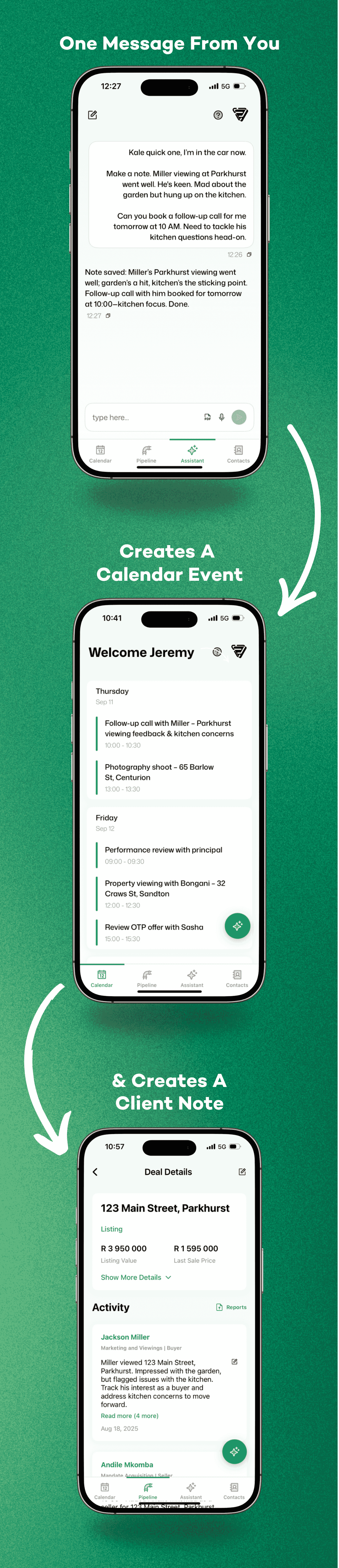 One message creates a calendar event and client note